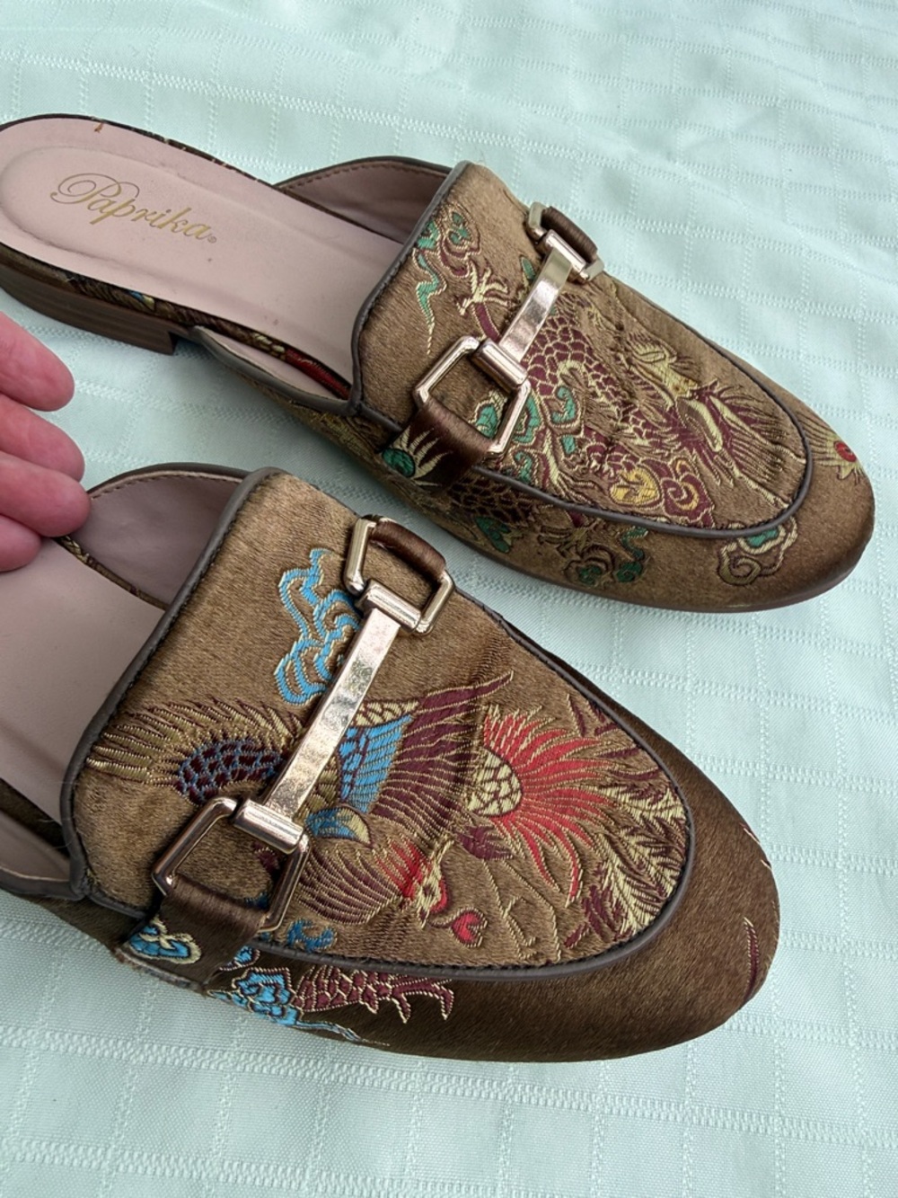 Paprika Dark Olive Embroidered Satin Slip-On Mules with Metallic Gold Buckles